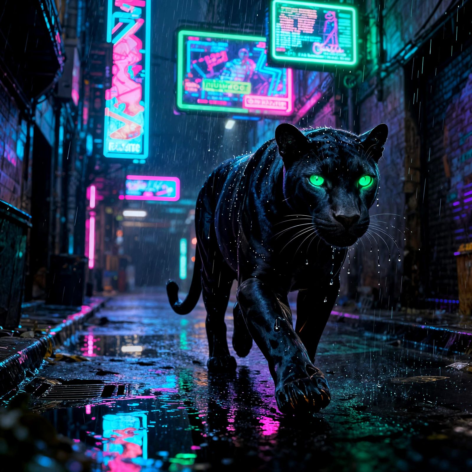 Obsidian Panther in Neon Cyberpunk City Alleyway