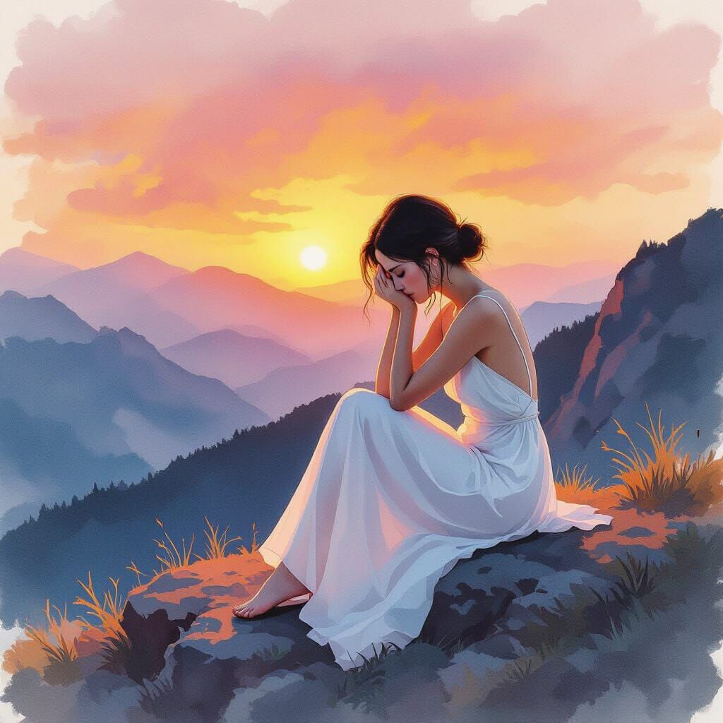 Sad Woman at Sunset: Delicate Watercolor Illustration