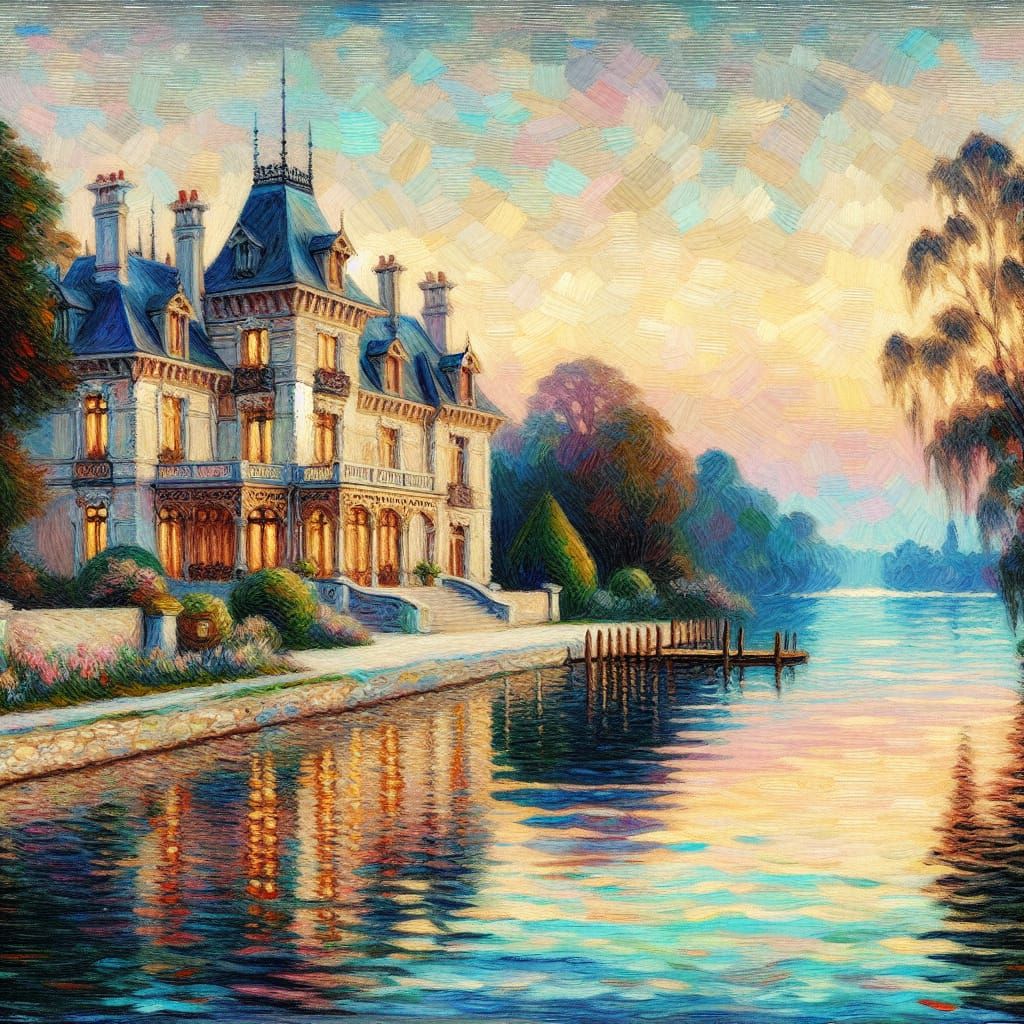 Impressionist Acrylic Mansion Basks in Serene Lake Dusk