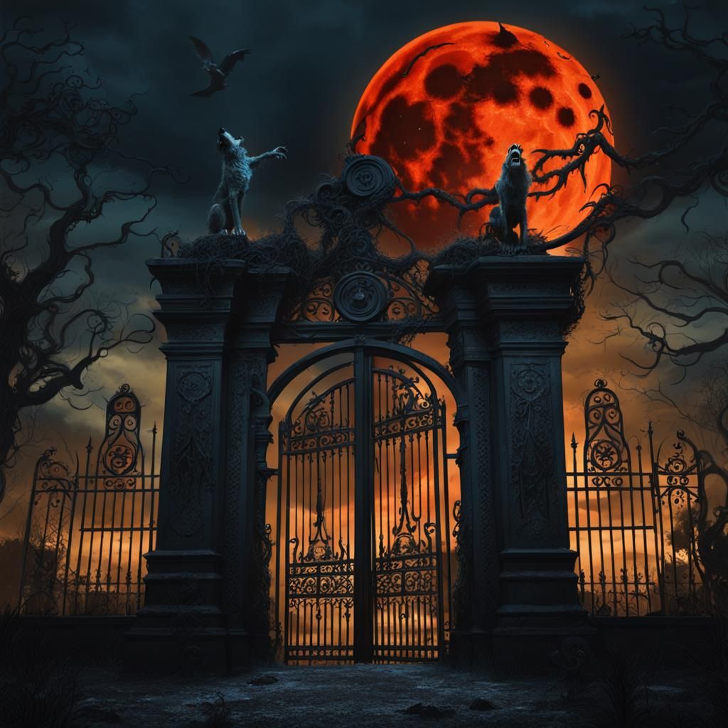 Werewolf Howling at Moon: Dark Fantasy Cemetery Scene