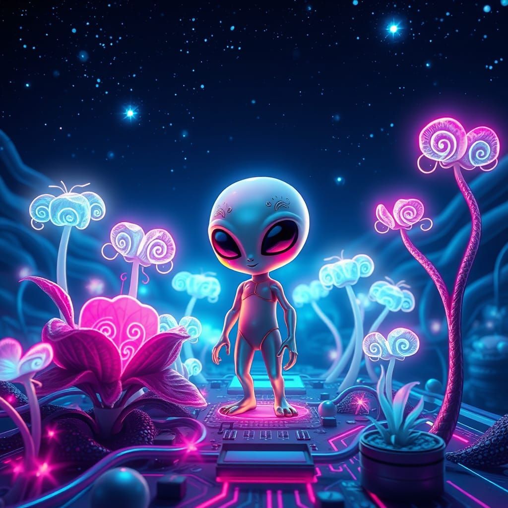 Alien Among Glowing Martian Plants in Digital Art Style