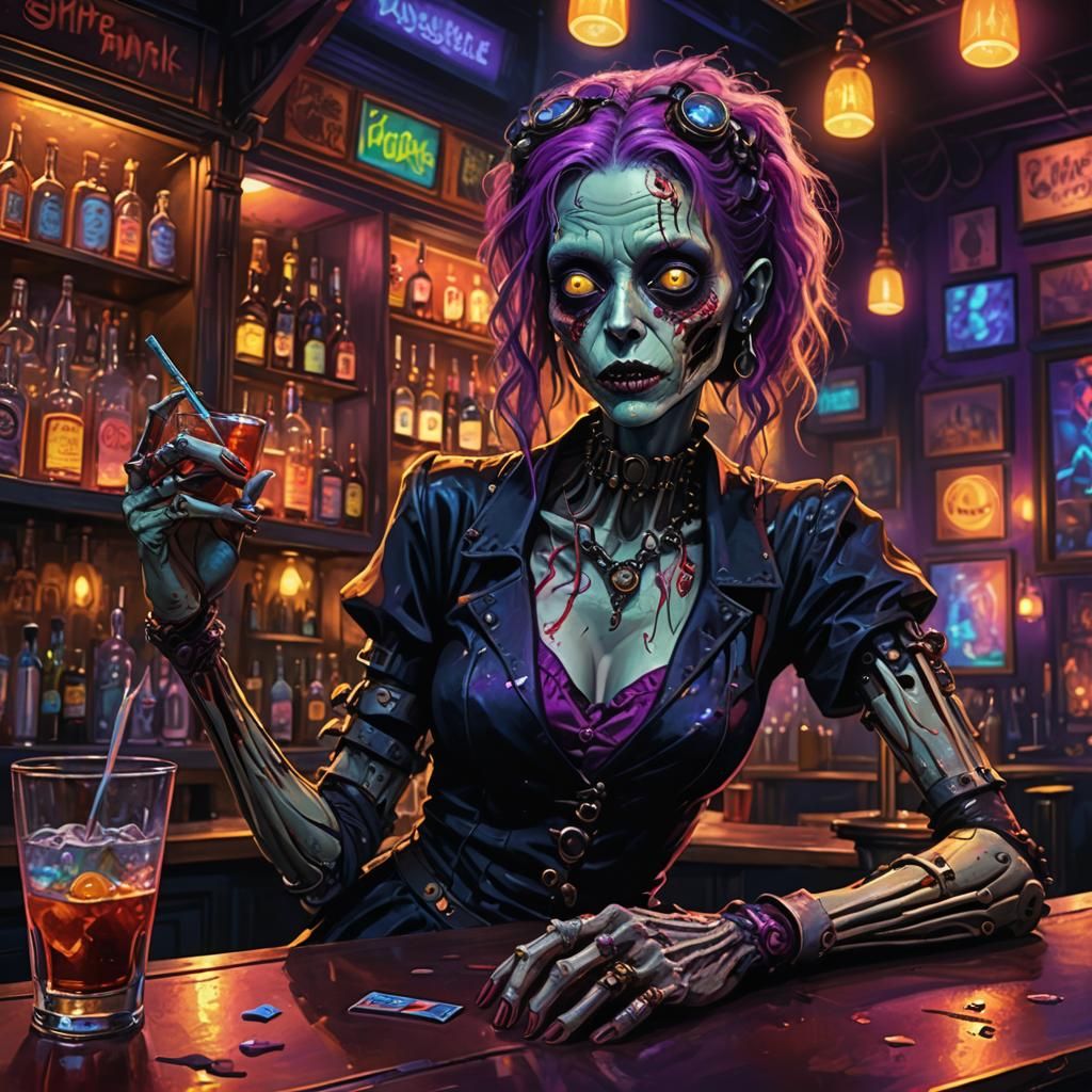 Cyborg Zombie Woman in Neon Bar: Digital Art