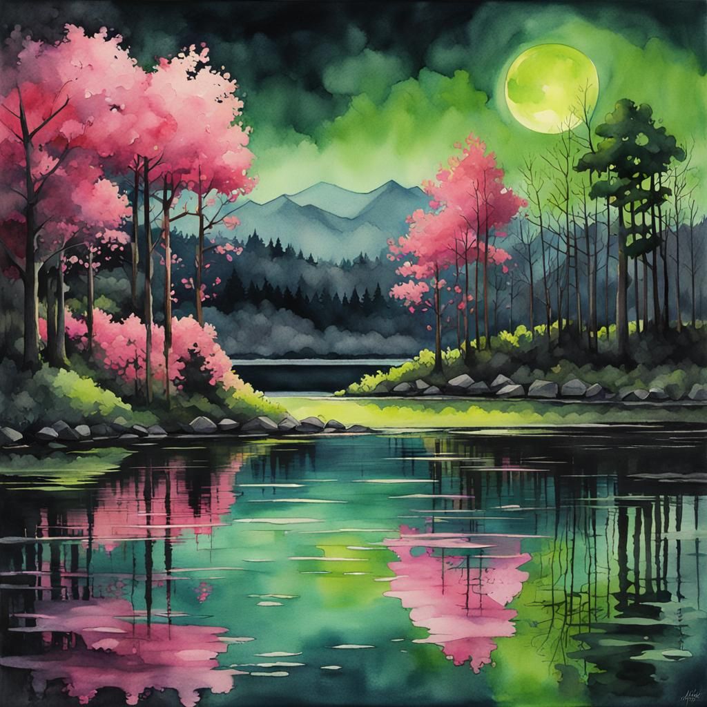 Night Lake Reflection in Lime, Pink, and Petrol Watercolor