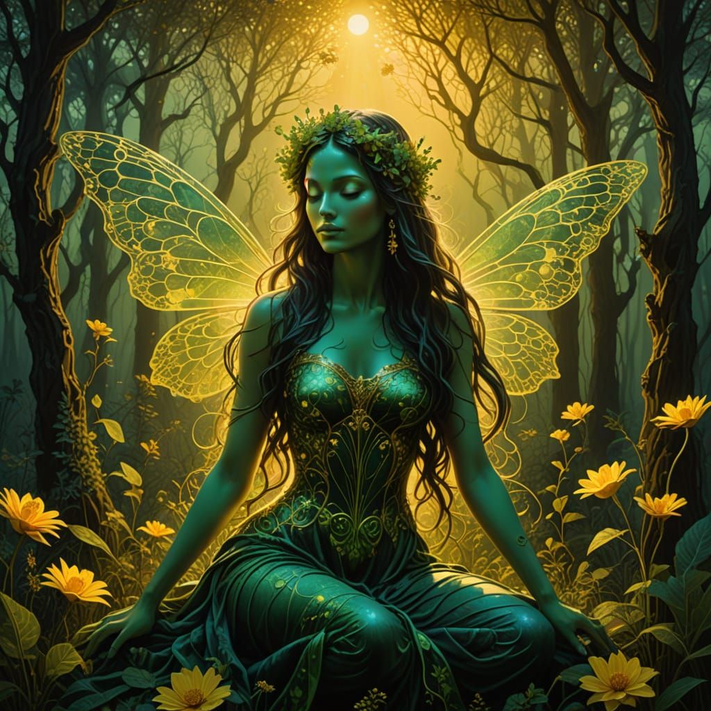 Surreal Green Fairy Radiates Vibrant Energy Amidst Neon Sunr...