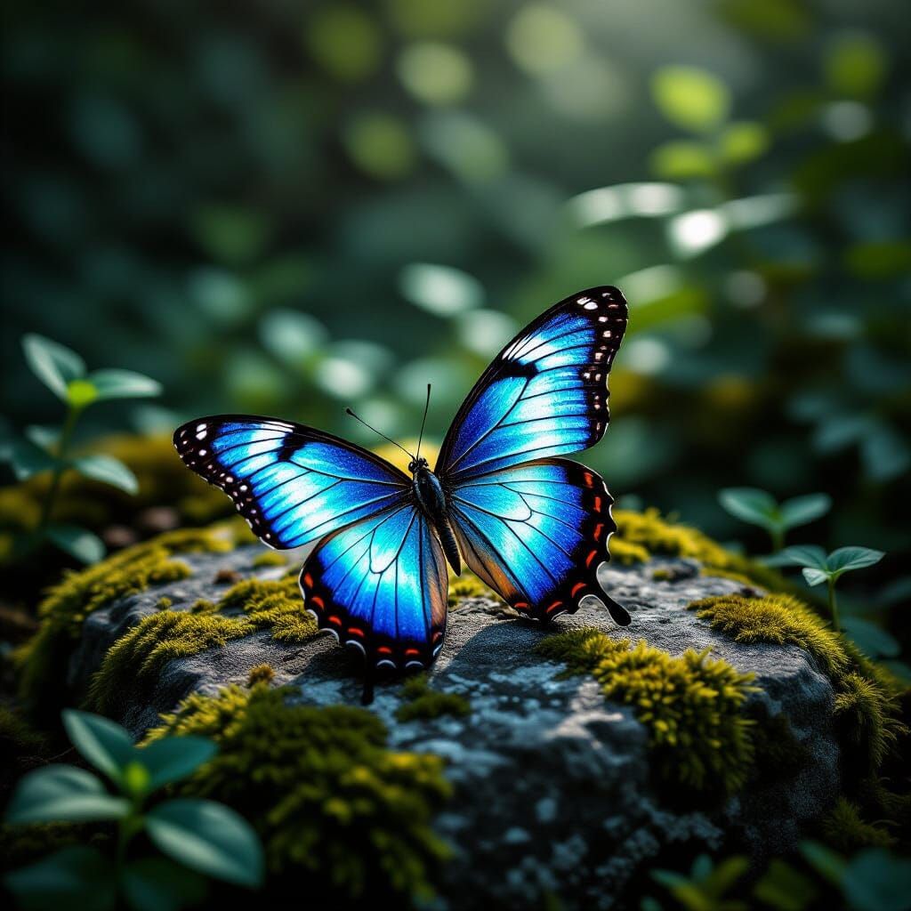 Iridescent Butterfly on Moss Stone in Solitary Garden