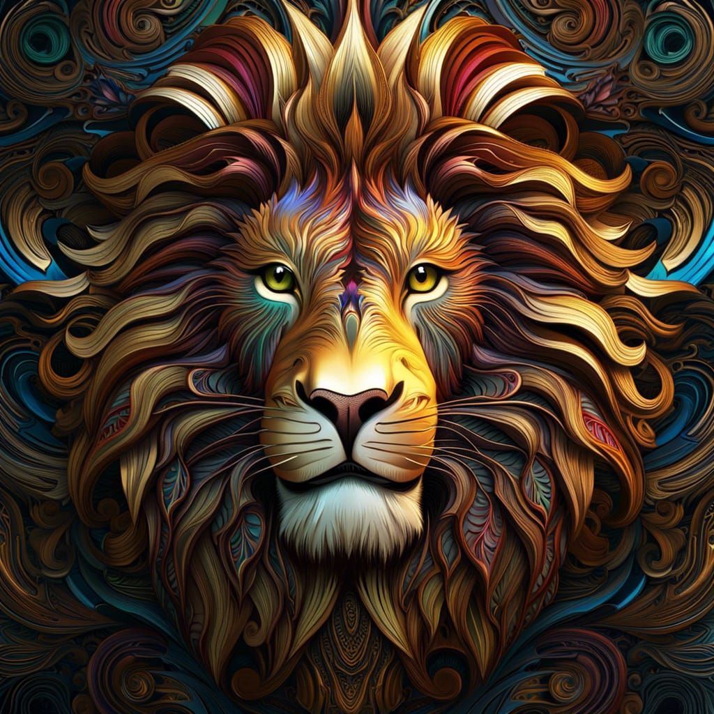 Abstract 3D Lion Fractal Art: Dramatic Animalium