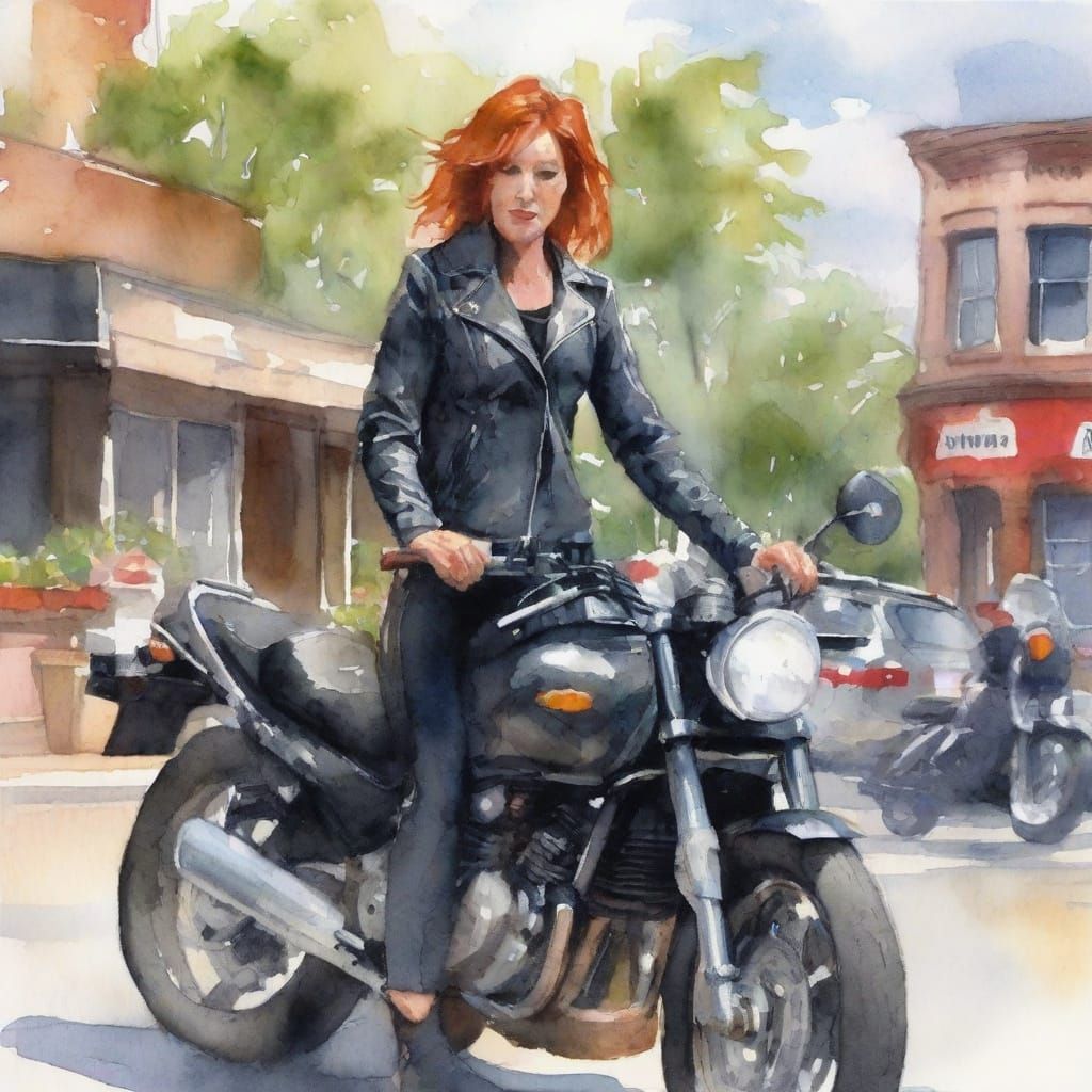 Impressionistic Watercolor of Redhead Biker