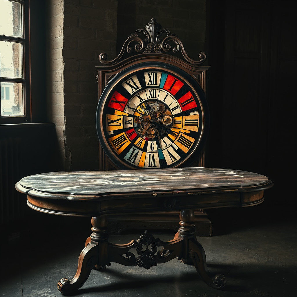 Cubist Clock and Ornate Table Still Life
