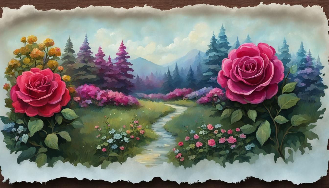 Dreamy Rose Bush Landscape in Folk Art Style