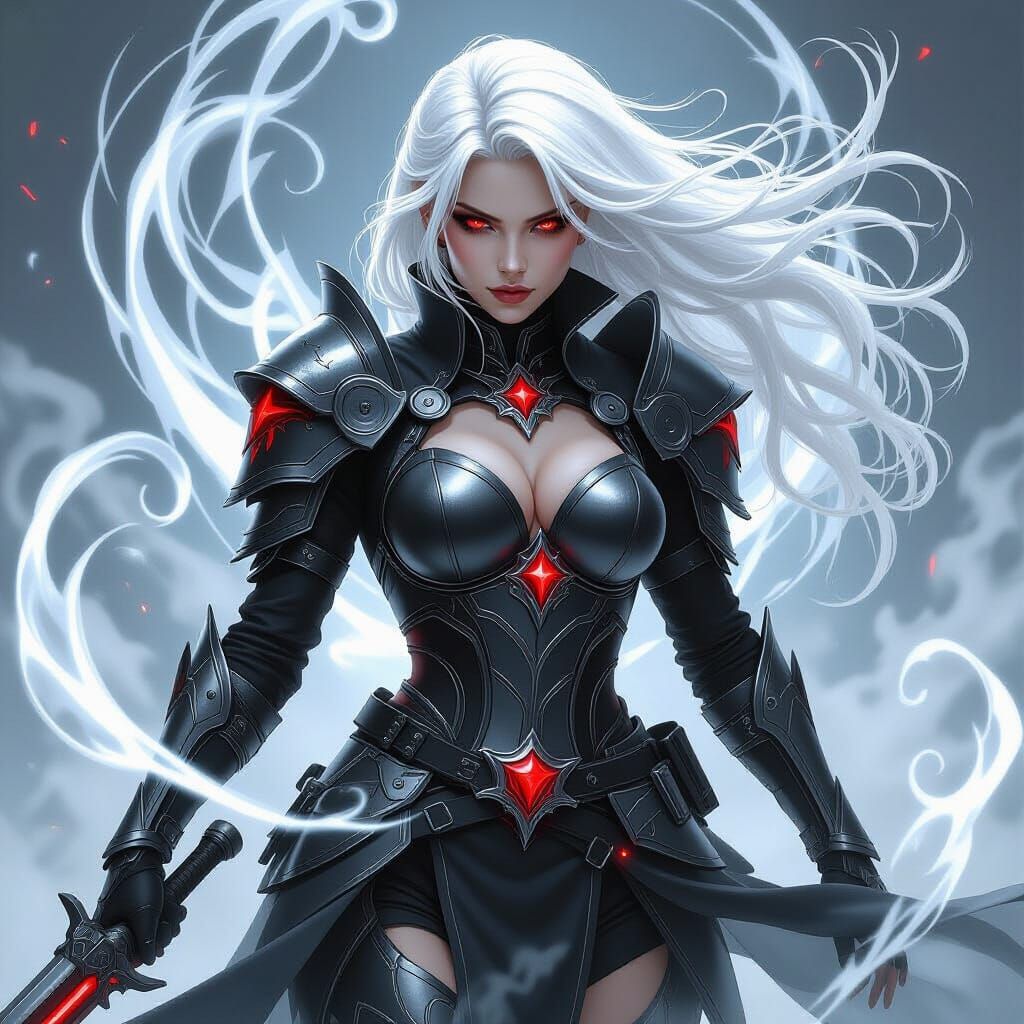 A dark fantasy digital artwork of a female warrior with long flowing white hair and glowing silver eyes. The character w...