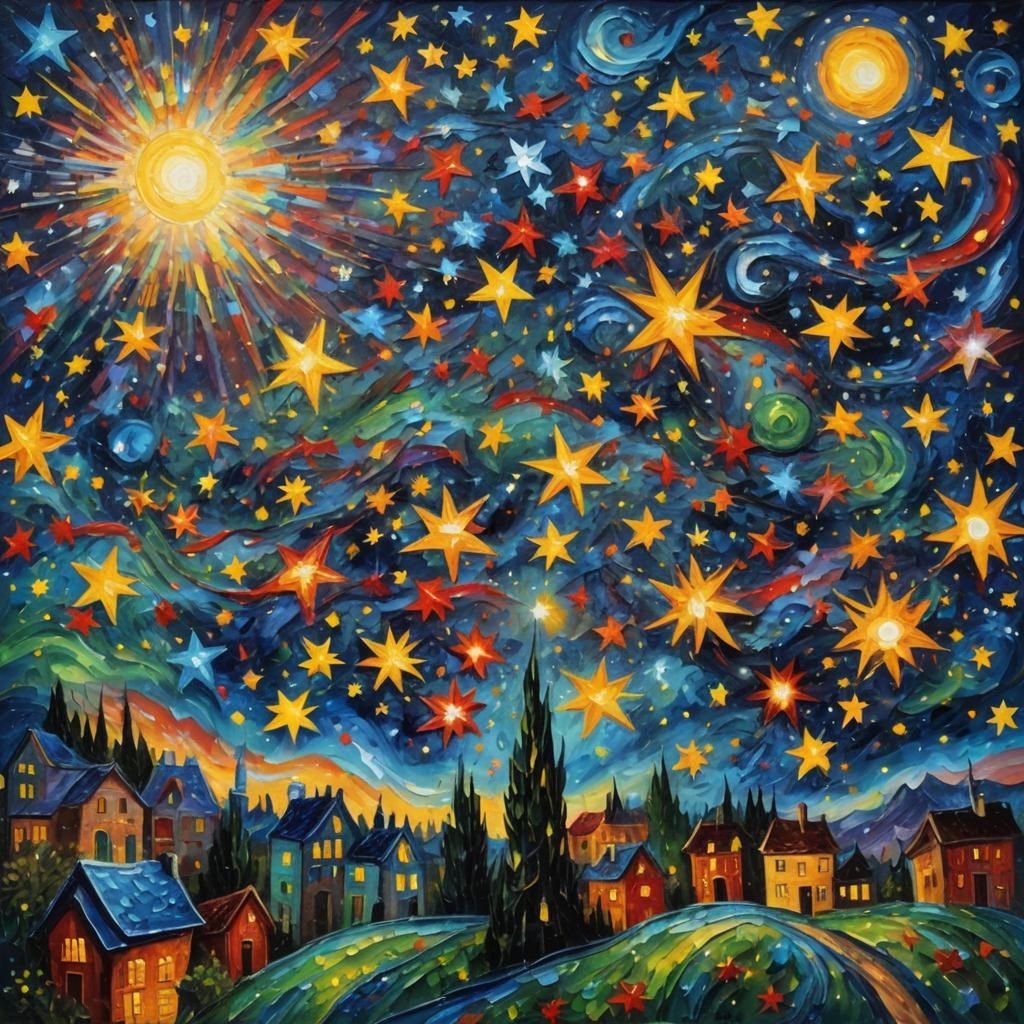 Surreal Starry Night in Expressionist Impasto Style