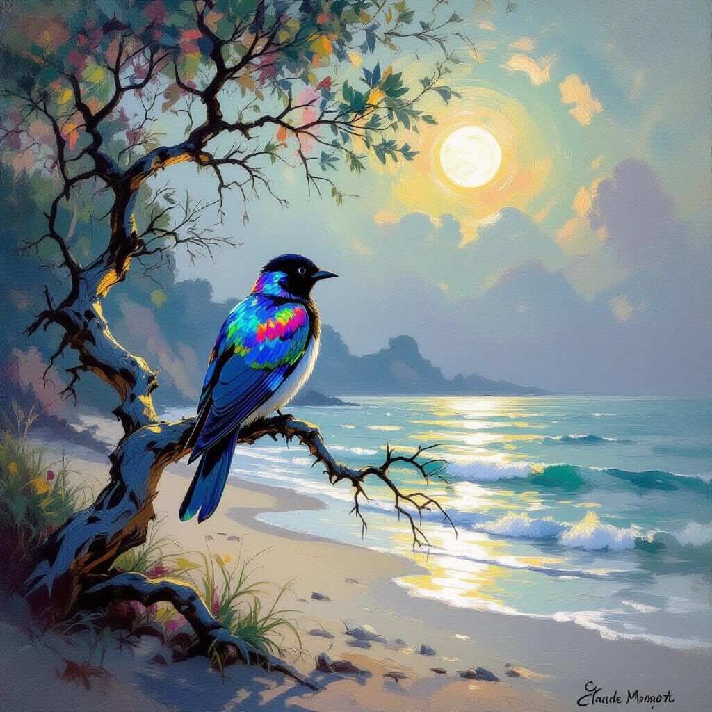 Kaleidoscopic Bird on Moonlit Beach: Impressionistic Style