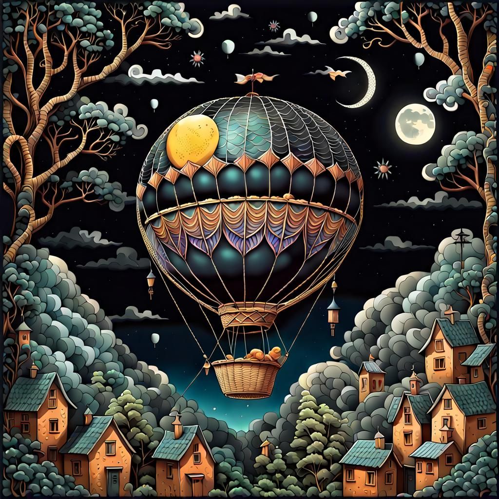 Detailed Paper-Tole Moon Balloon Folk Art
