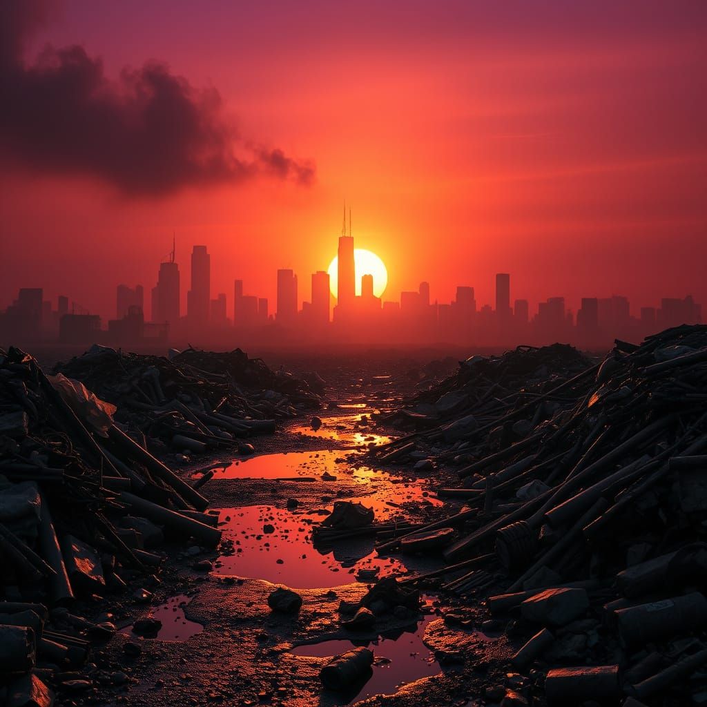 Dystopian Wasteland Under a Smoky Sunset