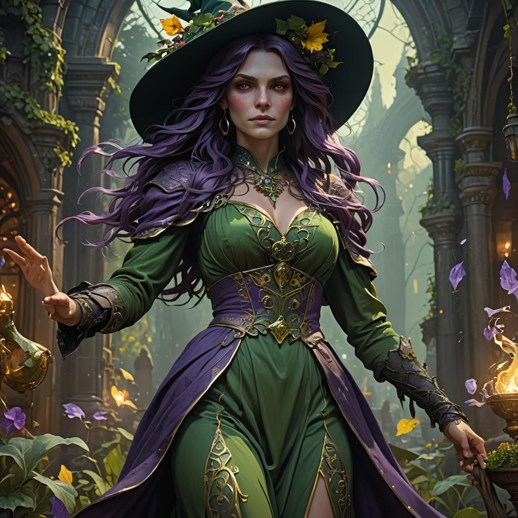 Green Dress Witch in Dark Fantasy Style