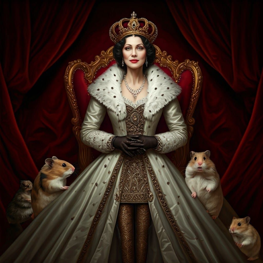Elegant Queen Surrounded by Curious Hamsters in Baroque Styl...
