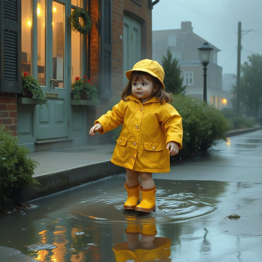 Girl in Yellow Raincoat Splashing in Puddles