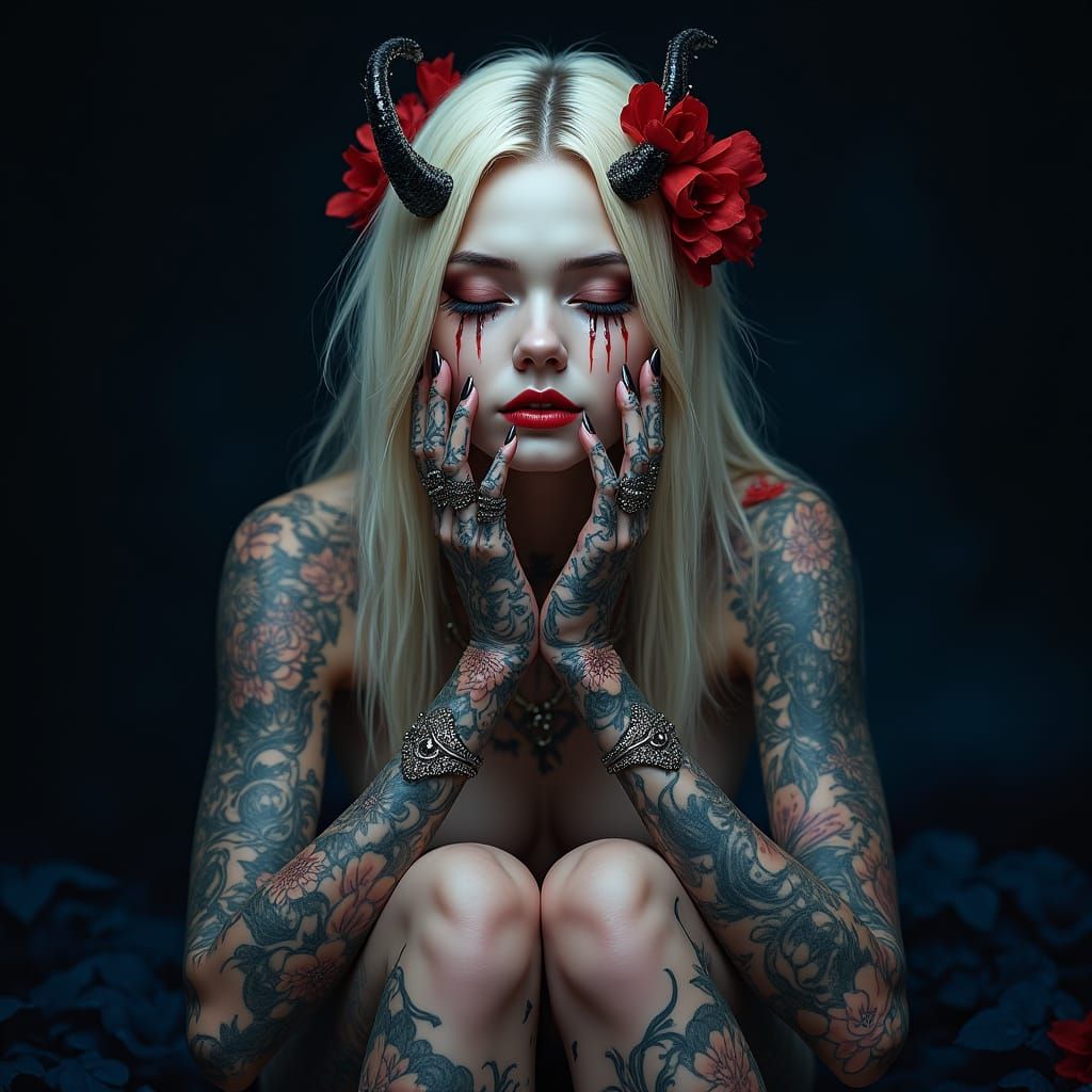 Tattooed  female demon woman, sitting position, blonde hair,...