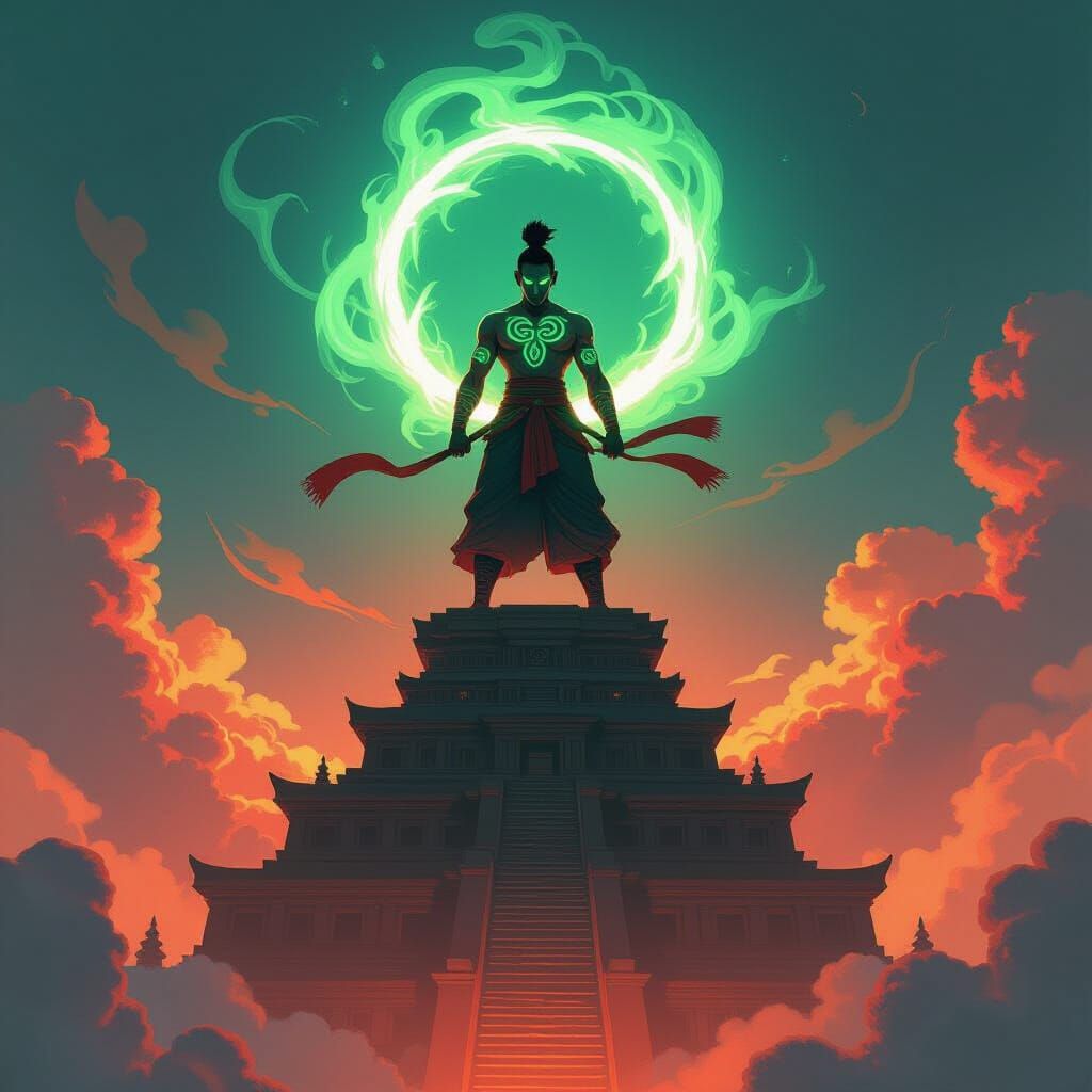 Muay Thai Warrior on Ziggurat in Anime Style