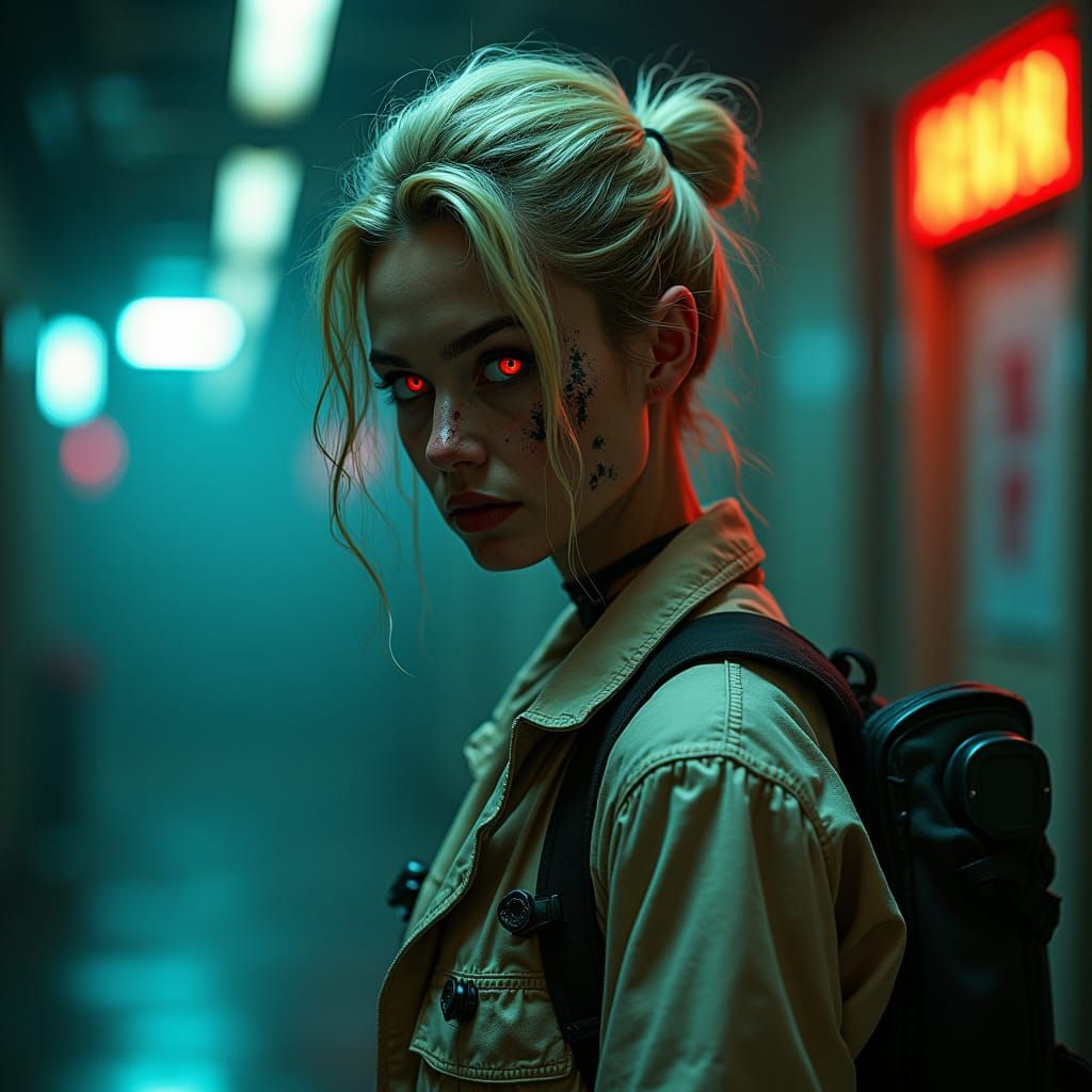 Cyberpunk Woman with Scarred Face in Neon Glow