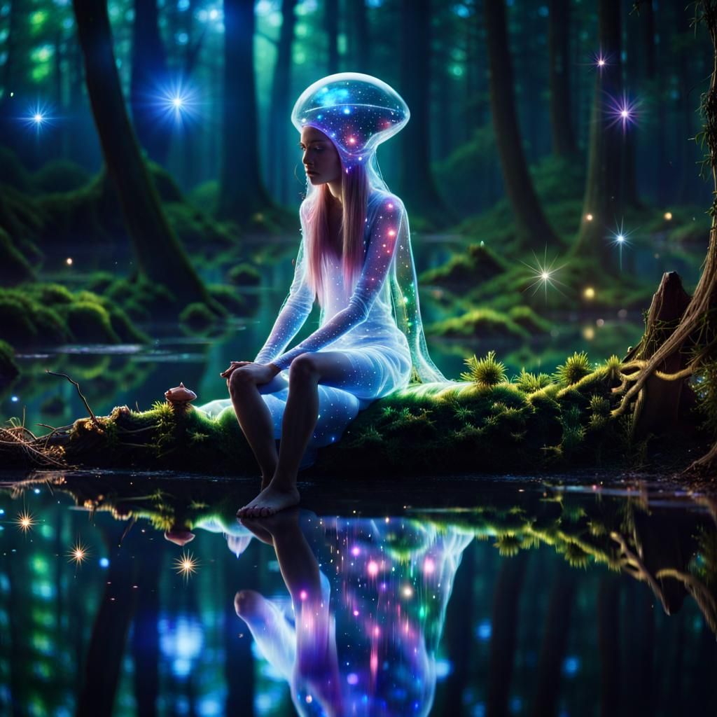Ethereal Alien Girl in Magical Forest Pond