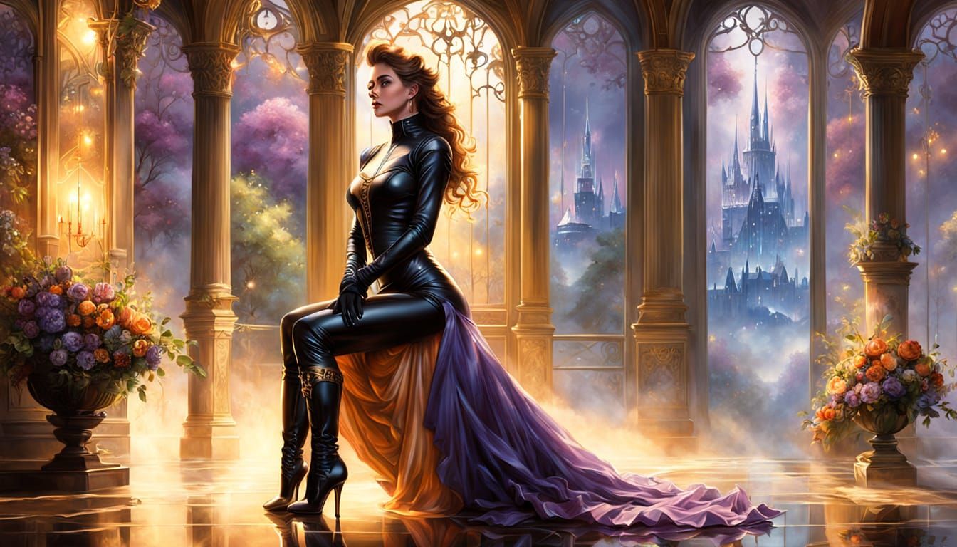 The image features a womans in a black latex bodysuit with long gloves. She is posed on mirror's floor in a kneeling pos...