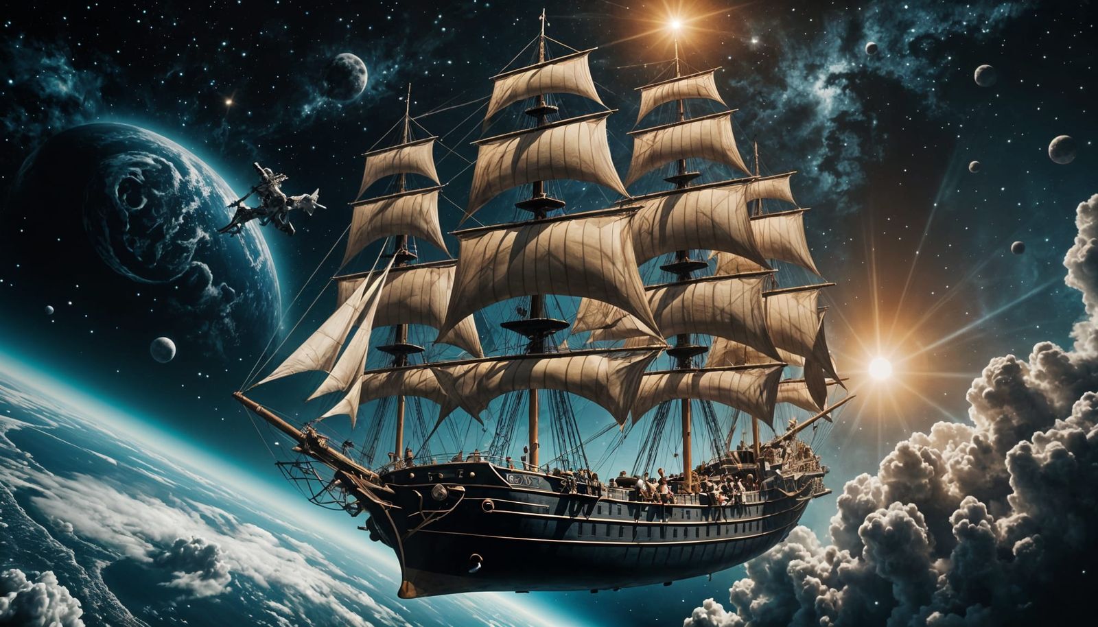 Three-Masted Ship Soaring Through Outer Space