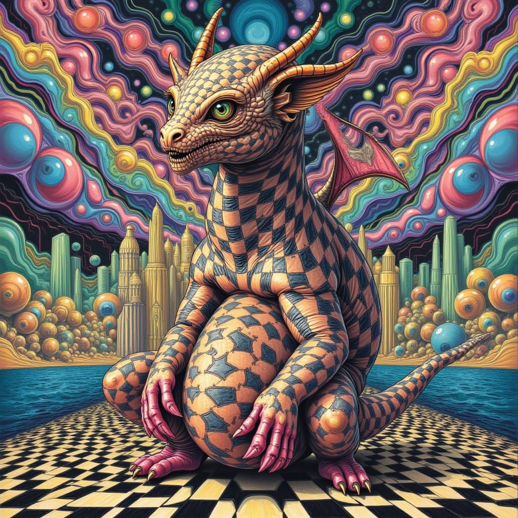 Checkerboard Dragon in Futuristic Arabian Cityscape