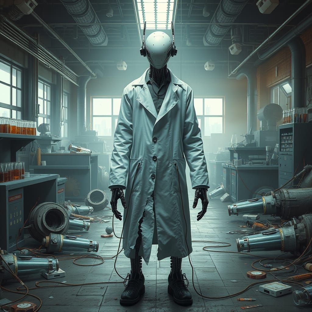 Android in Dystopian Lab: Cyberpunk Photorealism