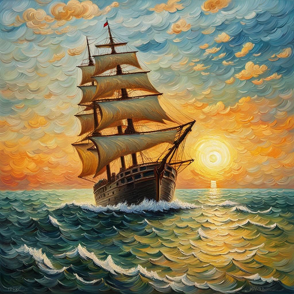 1700s Ship on Ocean in Neo-Impressionism Style