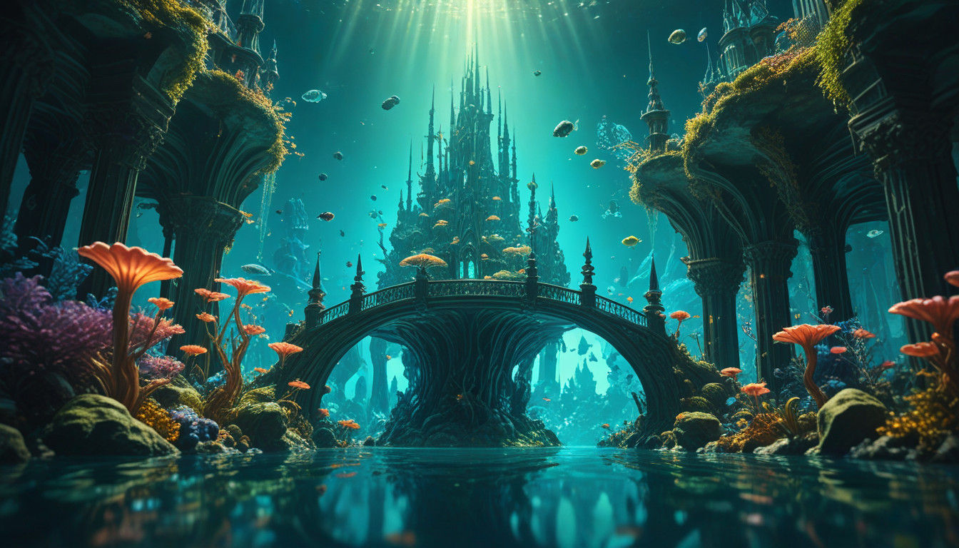 Surreal Underwater Cityscape in Vibrant Oil Painting Style