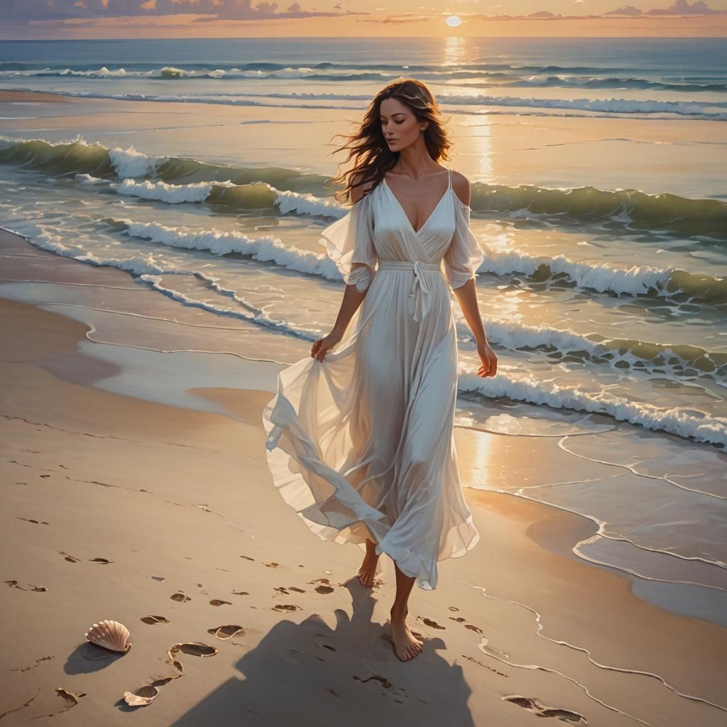 Tranquil Sunset Beach Scene with Woman in White
