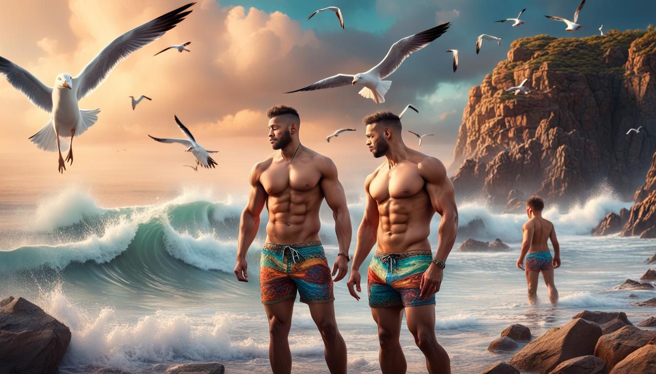 Muscular Brothers on Beach in Fantasy Art Style