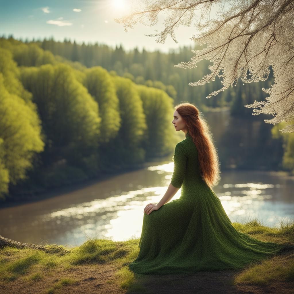 Tree Woman in Forest on a Sunny Spring Day