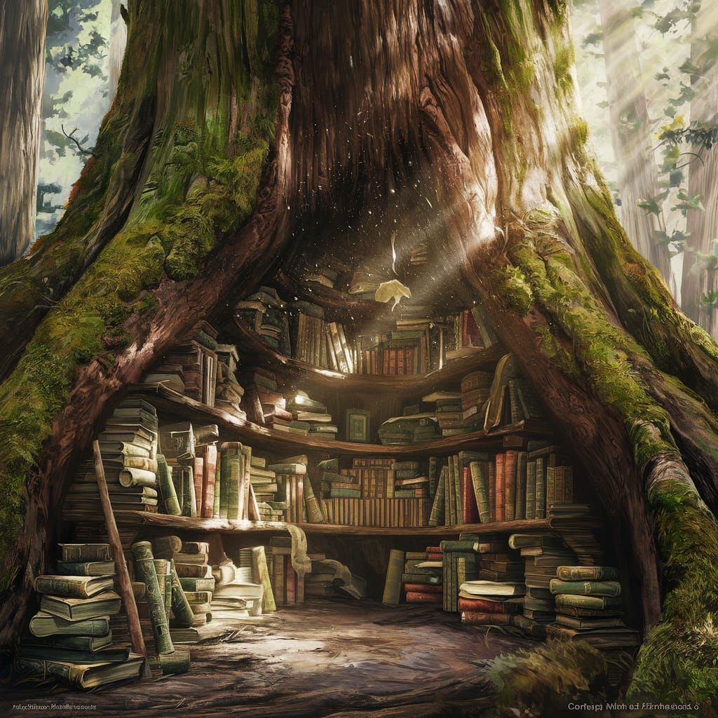 Ancient Library Inside Giant Redwood Tree - Fantasy Art