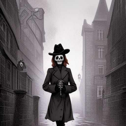 Skeleton Girl in 1880s London Street, Comic Book Art