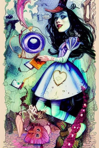 A dark psychedelic version of Lewis Carroll — Alice’s Adventures in Wonderland,  WLOP   intricately Detailed,  pen and w...