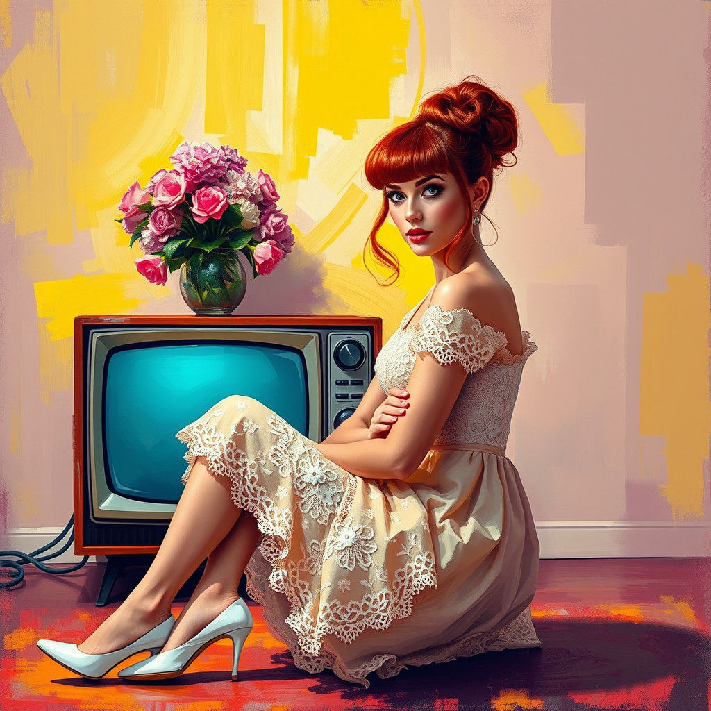 Abstract Expressionist Woman in 1960s Living Room