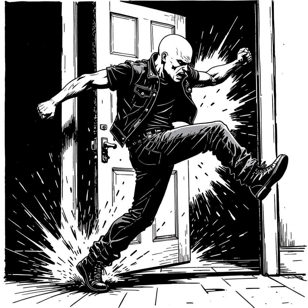 Aggressive Skinhead Kicking Door in Black and White