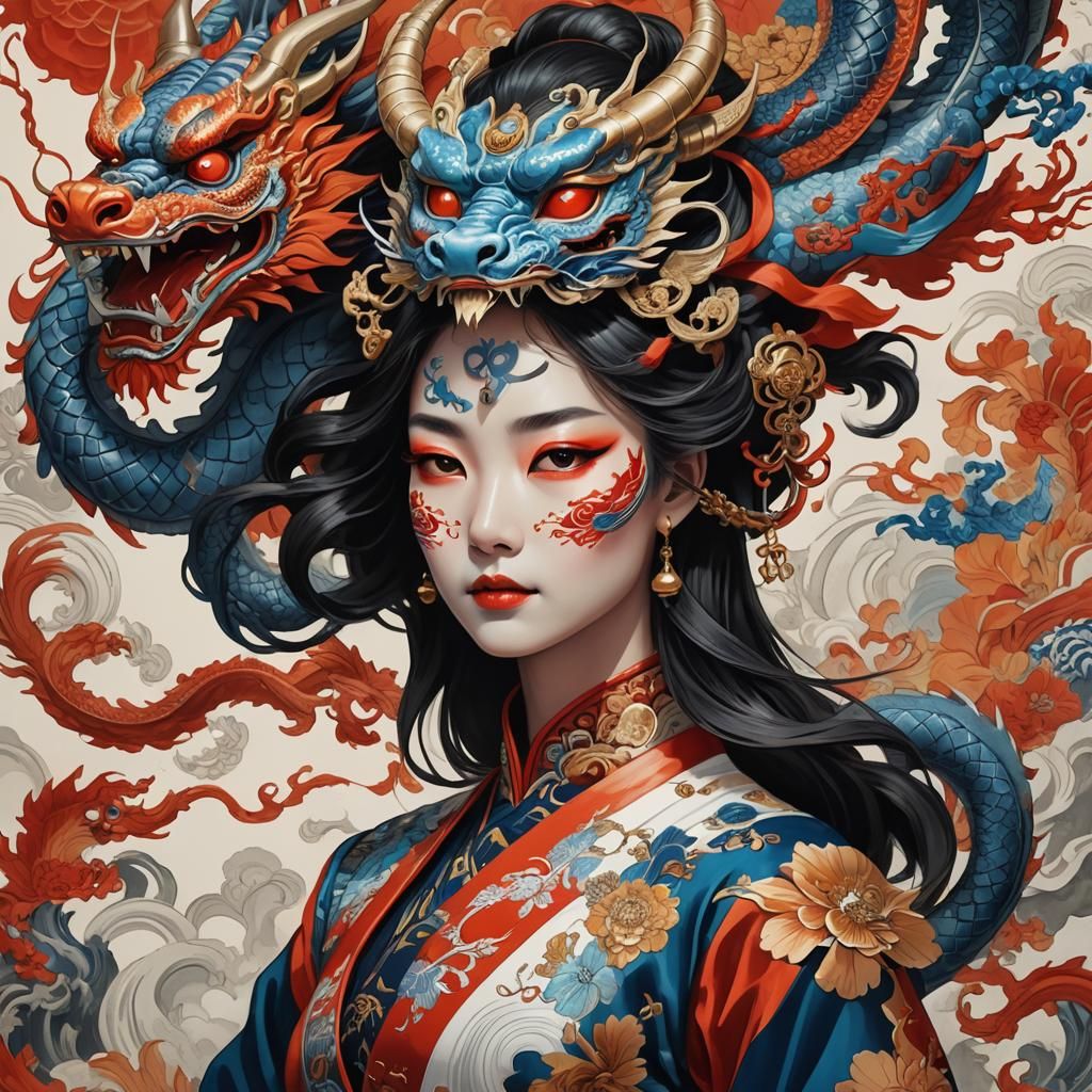 Woman in Dragon Mask: Japanese Art Style