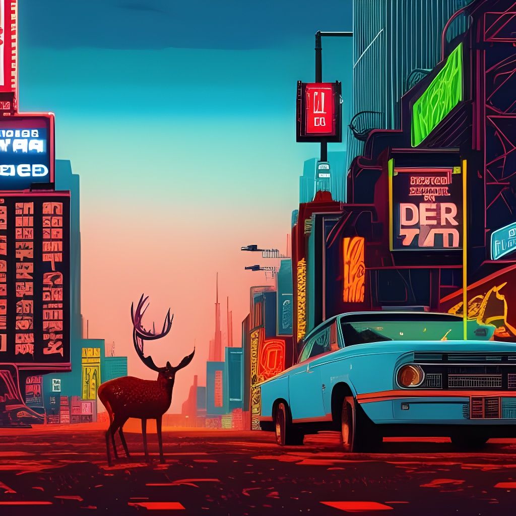 Deer in Neon City, Hyperrealistic Digital Art