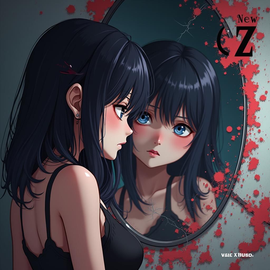 Sad Girl Reflection in Cracked Mirror, Anime Style