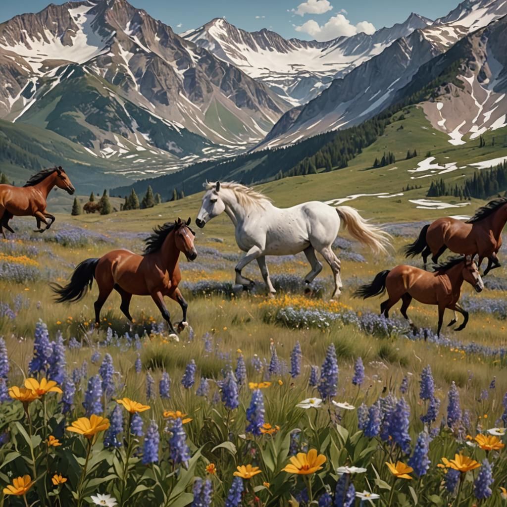 Wild Mustangs Running Through Wildflowers: Detailed Matte Pa...