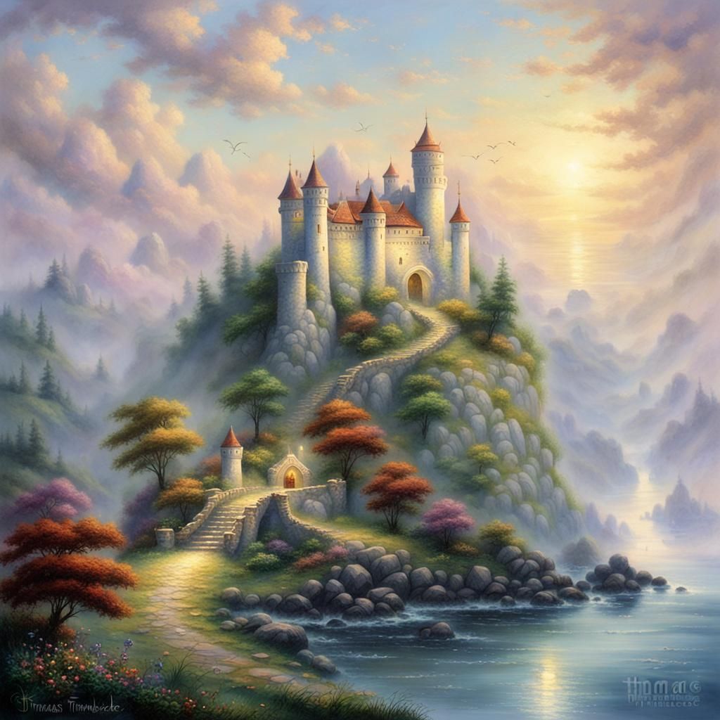 White Stone Fortress on Island in Ethereal Style