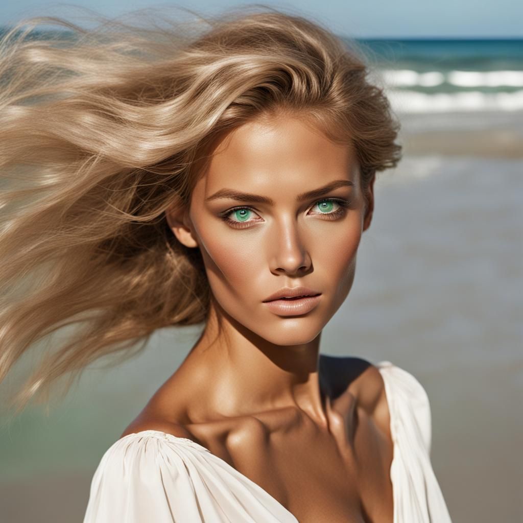 Sensual Nude Woman on Beach with White Hair