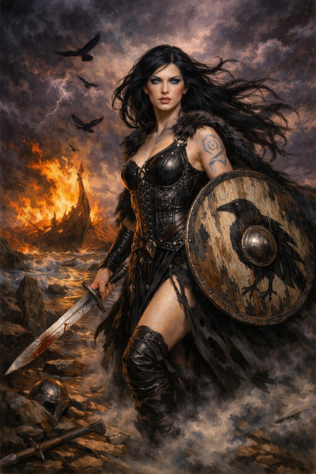 Viking Shieldmaiden on Battlefield at Dusk