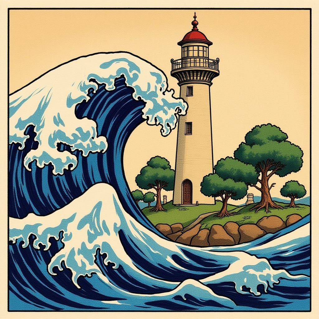 Lighthouse in Tsunami with Bonsai, Ukiyo-e Style