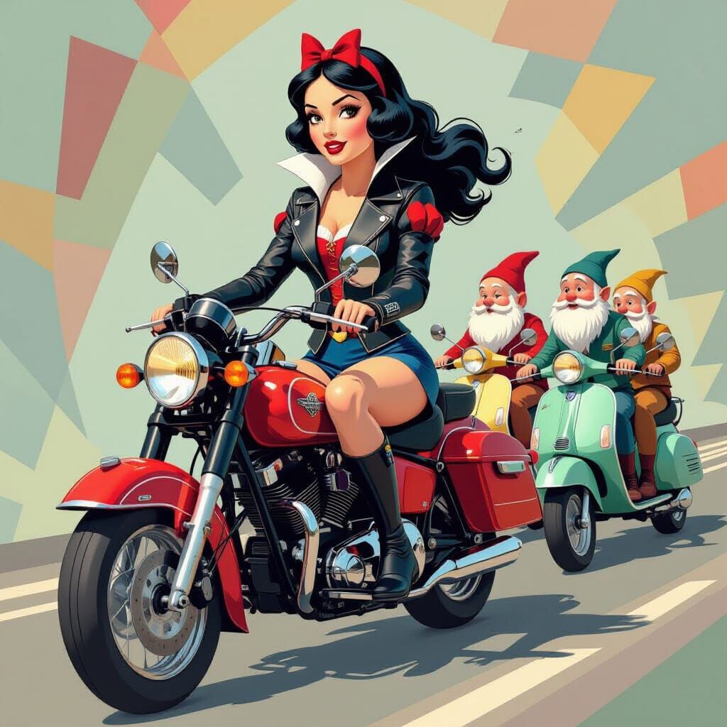 Snow White and Dwarfs Ride in Disney-Cubist Style