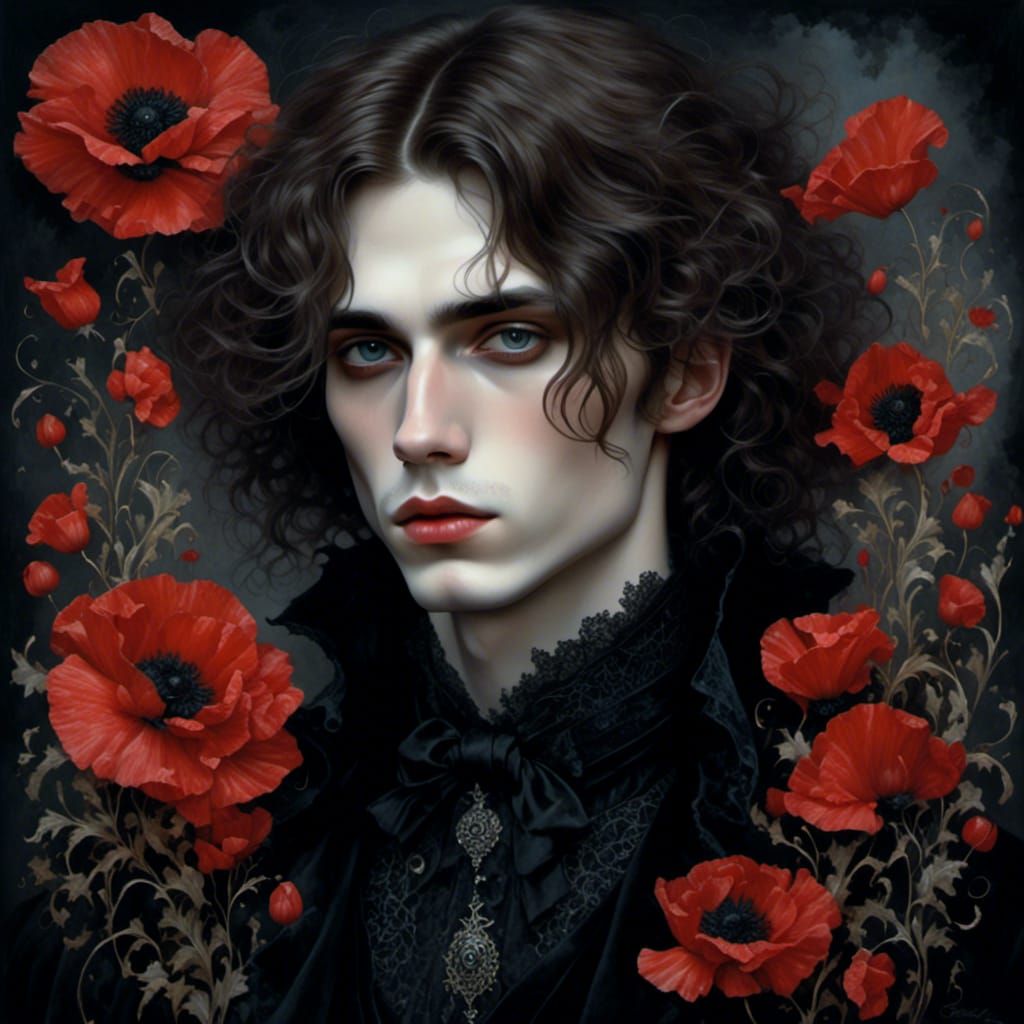 Gothic Man with Poppies in Romantic Darkness