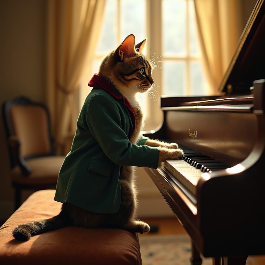 Whimsical Cat in Elegant Tailcoat Plays Piano